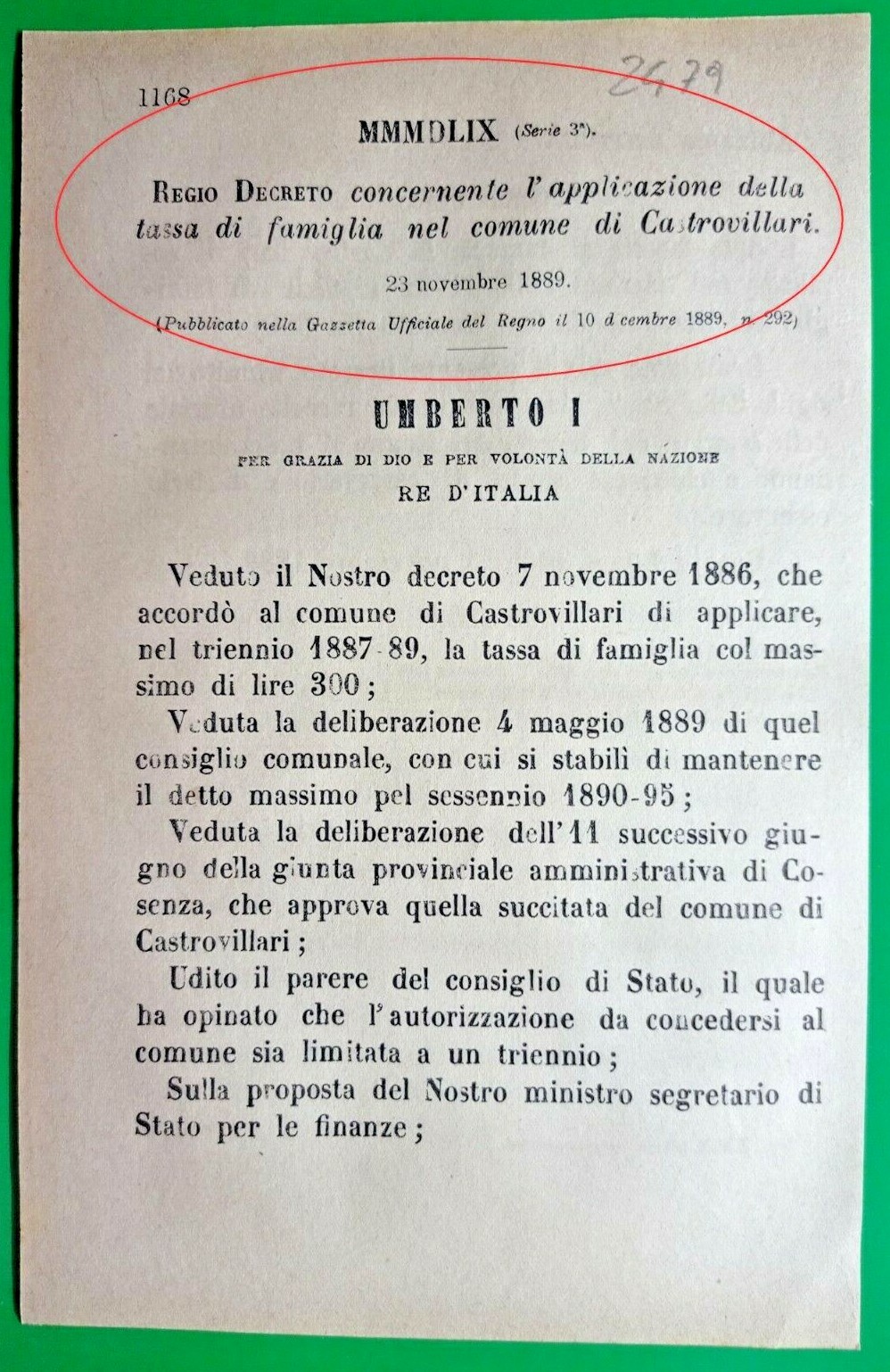 CASTROVILLARI-REGIO DECRETO X APPLICAZIONE DELLA TASSA SULLA FAMIGLIA-2479