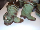 2 Horseshoe Cowboy #133 BOOTS Frankoma Bookends Prairie GREEN Pottery Plainsman