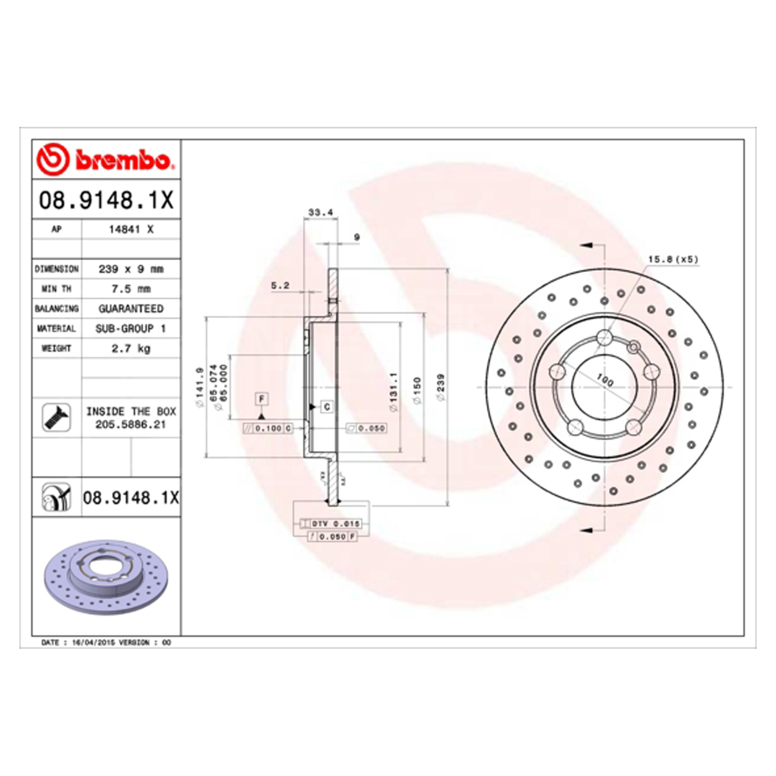 BREMBO XTRA Solid Brake Disc Pair - Drilled - 08.9148.1X - OE Equivalent