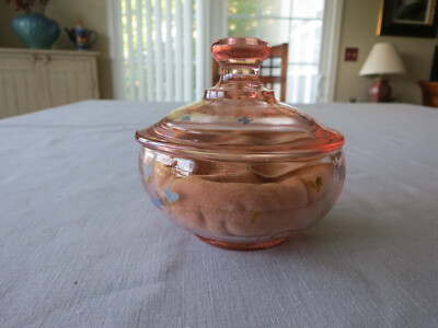 Vintage Pink Glass Dresser Covered Powder Bowl Dish With Gayanne puff