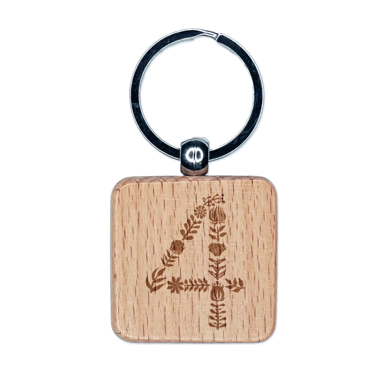Elegant Botanical Floral Number 4 Engraved Wood Square Keychain Tag Charm