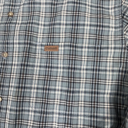 Carhartt Shirt Mens L Blue Plaid Button Down Long Sleeve Work Wear Vintage Stain - Picture 5 of 8