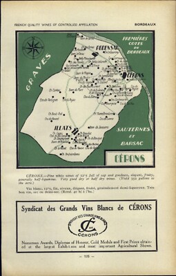 1947 Mini Poster French Wine AD Cerons Map Region Graves Cotes de Bordeaux 