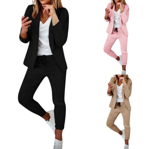 Women's Two Piece Lapels Suit Set Office Business Long Sleeve Formal Jacket - Picture 1 of 33