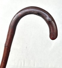 Vintage Antique Knobby Hardwood Shaft Brass Tip Crook Handle Walking Stick Cane
