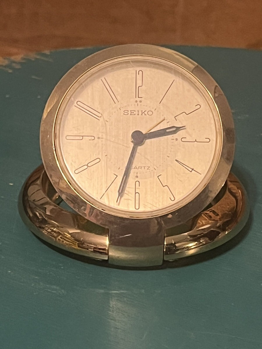 Vintage Seiko Travel Alarm Desk Clock Gold Tone Folding New