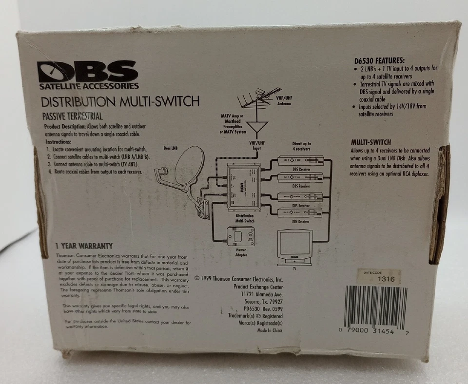 BRAND NEW RCA- DBS - 4 Way Bistribution Multi-Switch, Model D6530 Vintage Part - Image 4 of 4