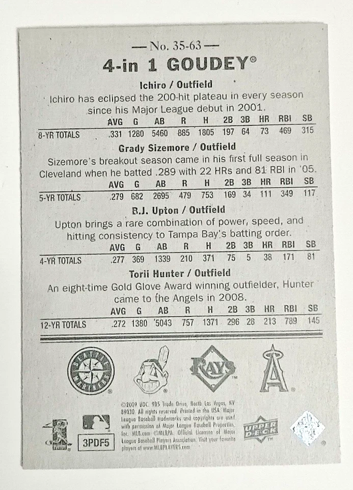 Goudey 2009 4 en 1 rojo Grady Sizemore BJ Upton Ichiro Suzuki Torii Hunter Suzuk Foto 2 de 4