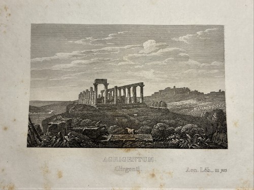 Agrigentum Girgenti Antique Steel Engraving Picture 1858 Mediterranean Panoramic Landscape