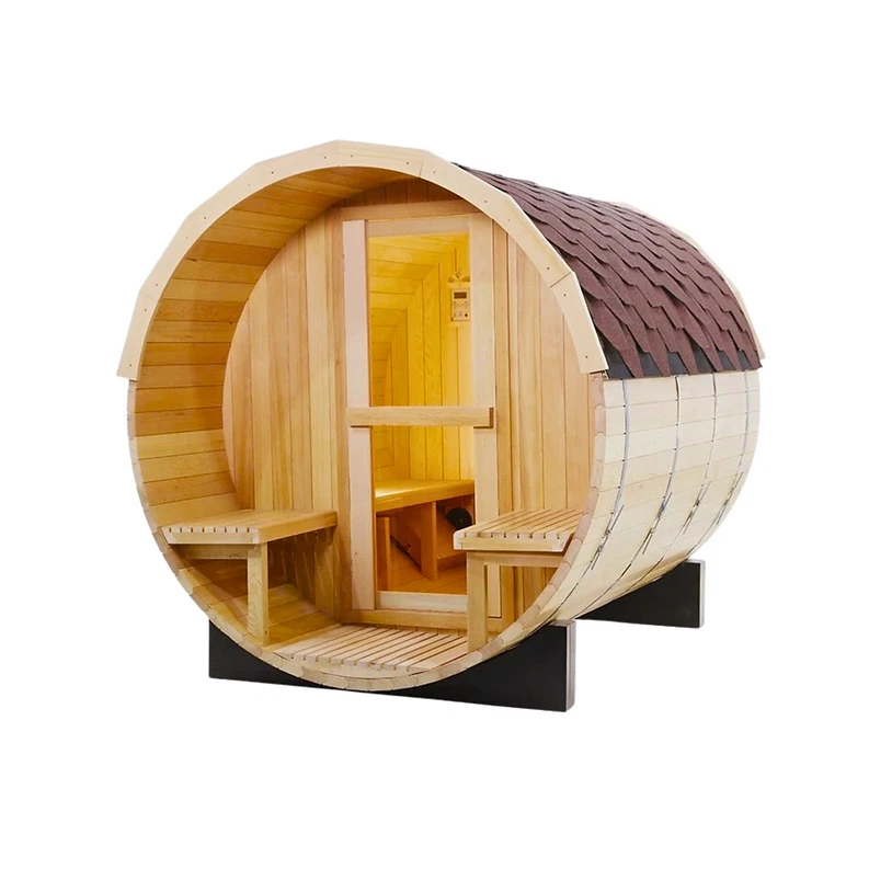 Sauna de barril al aire libre Canadian Hemlock para 4-6 personas con porche delantero #REDONDA al aire libre Foto 2 de 4