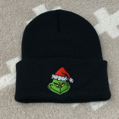 GRINCH SANTA FACE Black Beanie Embroidered In Red, Green