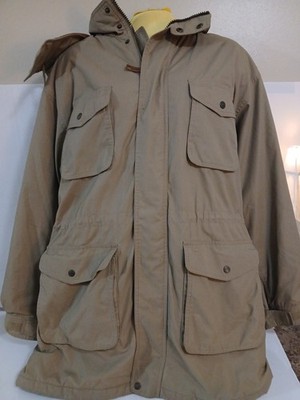 Lands End mens Beige  Coat L Reg  Zip Up With Hood Plaid material inside warm 
