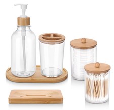 Bathroom Soap Dispenser Set, Bamboo Bathroom Accessories Set of 6, Toothbrush...