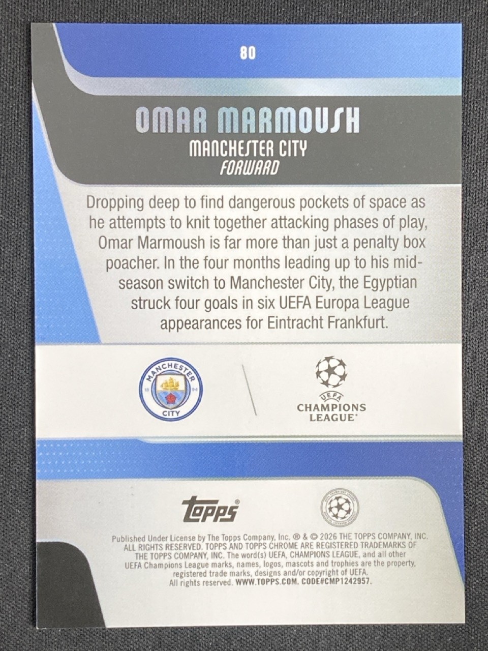 Omar Marmoush 2025-26 Topps Chrome UCC Logoman Green Refractor Base /99 #80 view 2