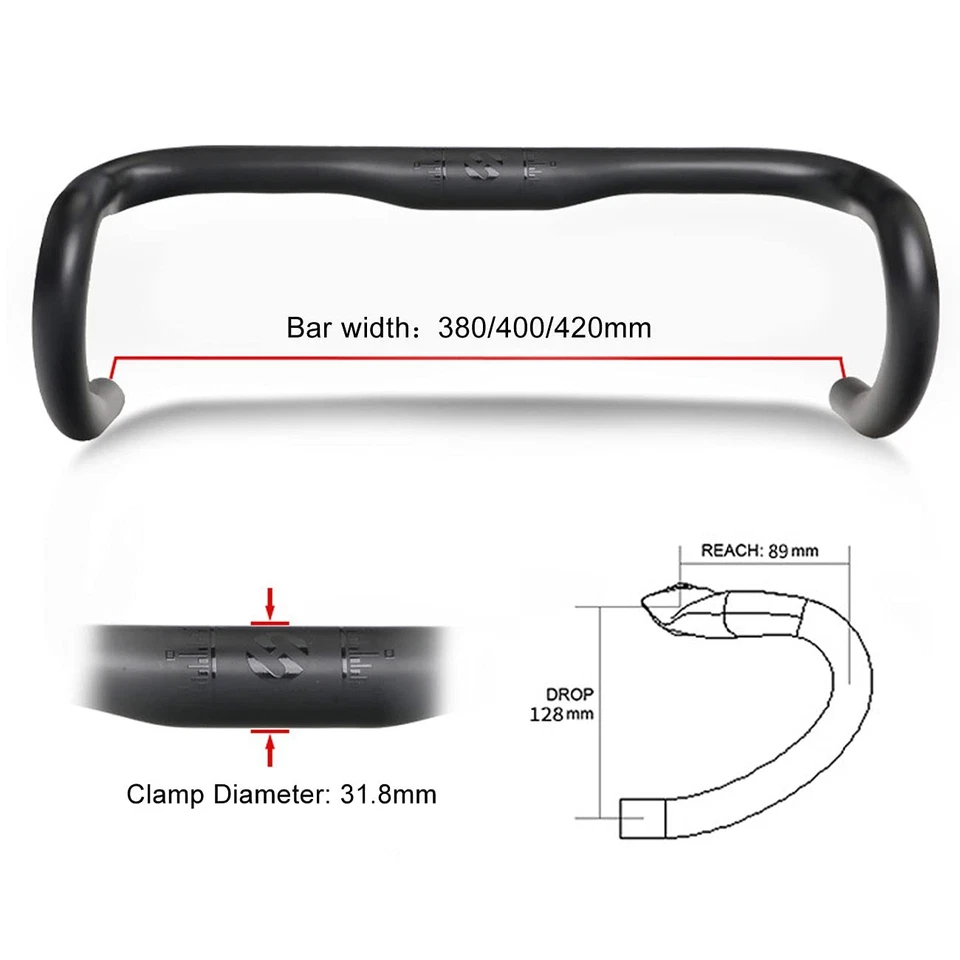 Manillar de bicicleta de carretera de fibra de carbono 31,8 mm barra de caída 400/420/440 mm (UD mate,... Foto 2 de 4