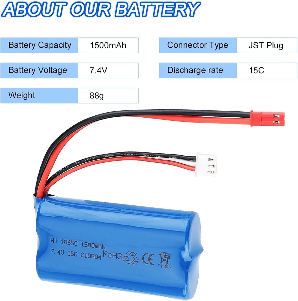 2x 7.4V 1500mAh Li-ion Battery JST Plug for MJX T10 FT007 RC Car Boat Helicopter - Image 3 of 4