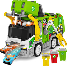 Large Friction Powered Garbage Truck Toy Set with Effect Sound, Includes Dumpste
