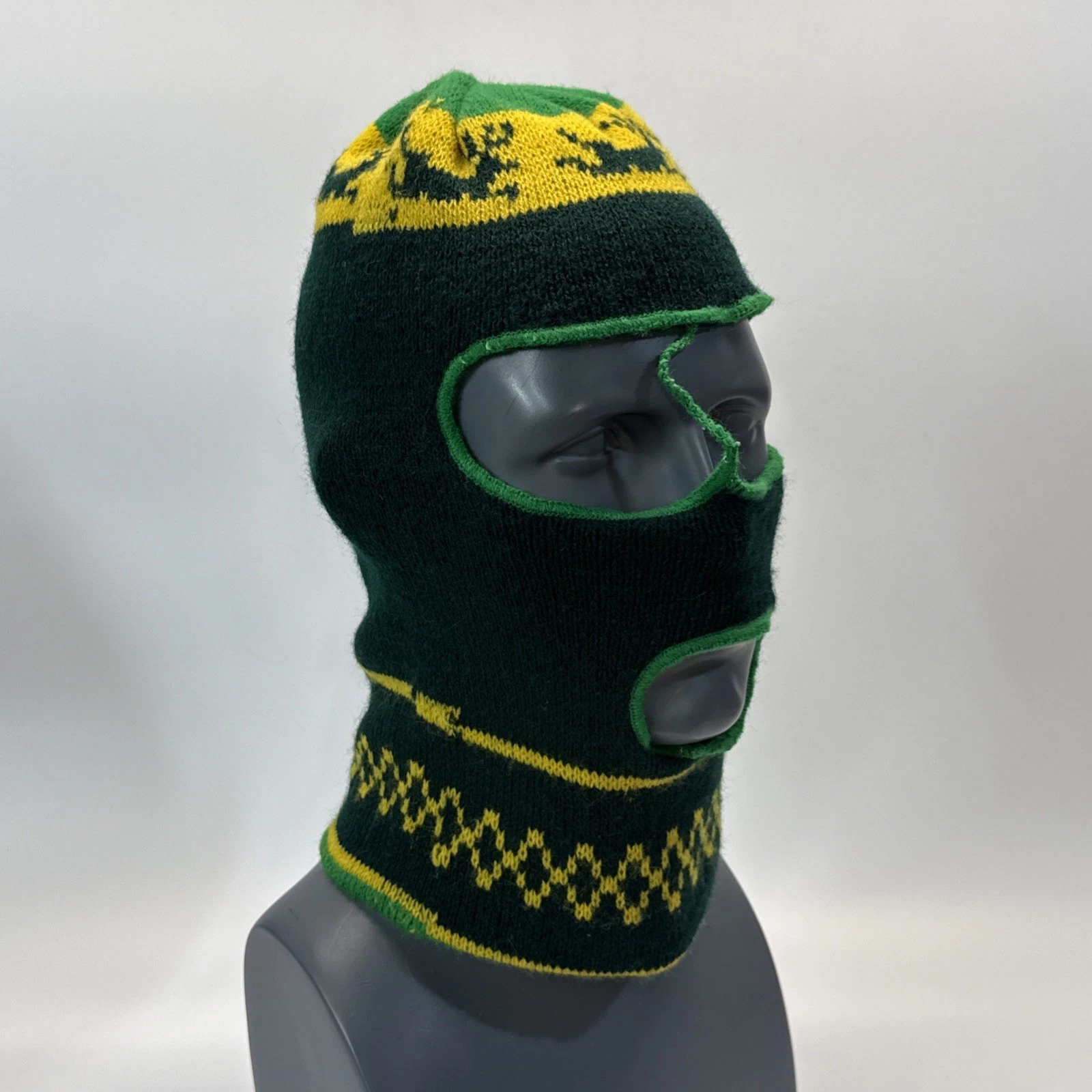 Vintage Face Mask Balaclava Green Patterned Knit Winter Hunting Deer Mask 3 Hole