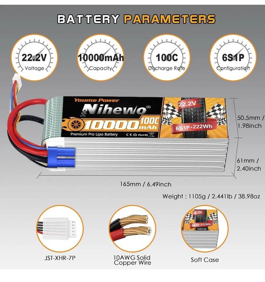 2x 3S Lipo Battery 22.2v  10000mAh 100C RC Battery Soft Case EC5 Plug Compatible - Image 3 of 4