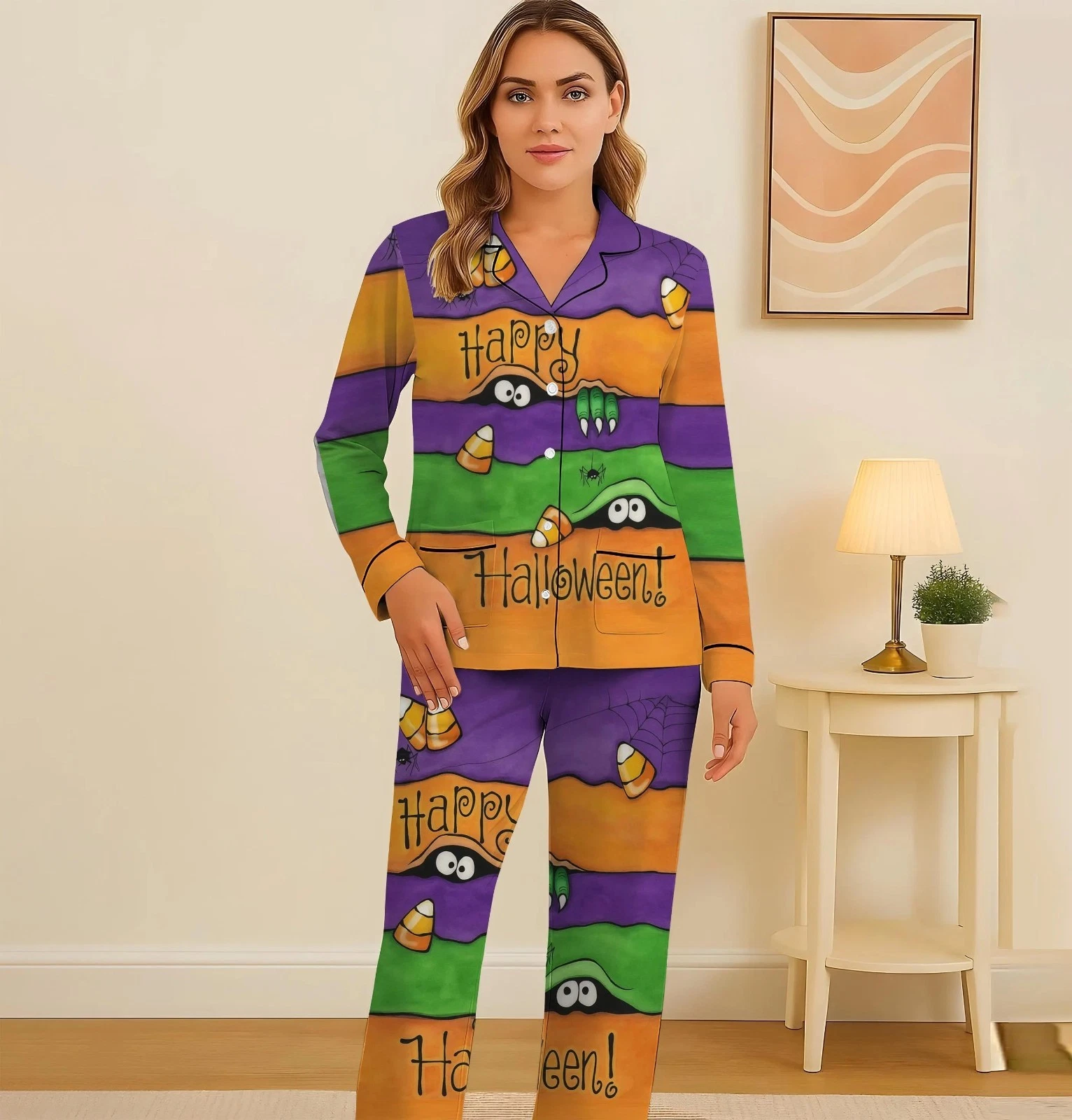 Halloween Pajama Set for Adults, Ghost Pumpkin Witch Sleepwear, Spooky Fall