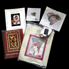 NEEDLEPOINT GOODY LOT:  SCISSOR CASE CANVAS, AFRICAN, WITCH ETC    BM