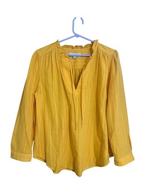 LOFT Gold/yellow-orange Ruffle VNeck Tie 3/4Long Sleeve Cotton Blouse boho Sz L 