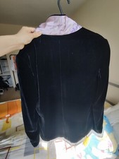 Black Kalko velvet suit with lilac collar, size 10
