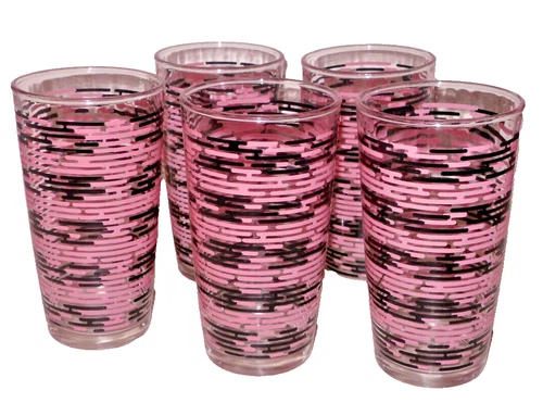 Vtg 1950's Hazel Atlas Lot Of 5 Pink&Black Brick Decoration 5" Tumblers/Glasses