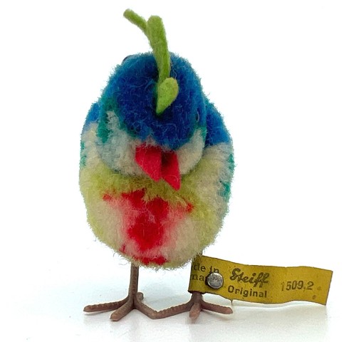 Steiff Woolen Exotic Bird Blue 1956 ID Button Tag Wool Pom Poms 9cm 3.5in Vtg - Picture 6 of 8