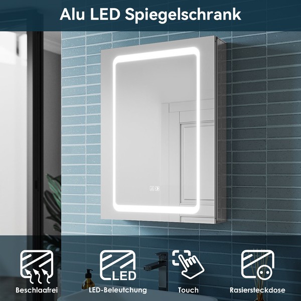 Spiegelschrank 50Cm Mit Led Beleuchtung Beschlagfrei Spiegel Touch Steckdose Alu-image