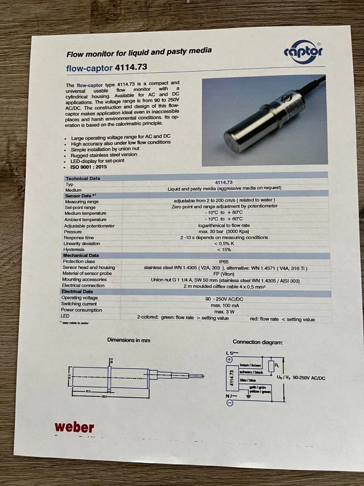 Weber 4114.73 Flow-Captor flow switch 0-200 cm/sec flow rate, 90V to 265V AC/DC - Image 3 of 3