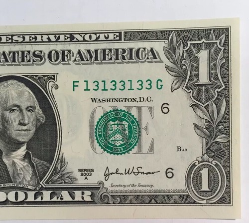 Uncirculated 2003A $1.00 FRN FANCY BINARY SERIAL NUMBER F13133133G - Foto 4 di 7