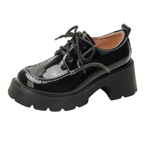 Woman British Block Heels Patent Leather Platform Lace Up Casual Creeper College - Picture 5 of 14