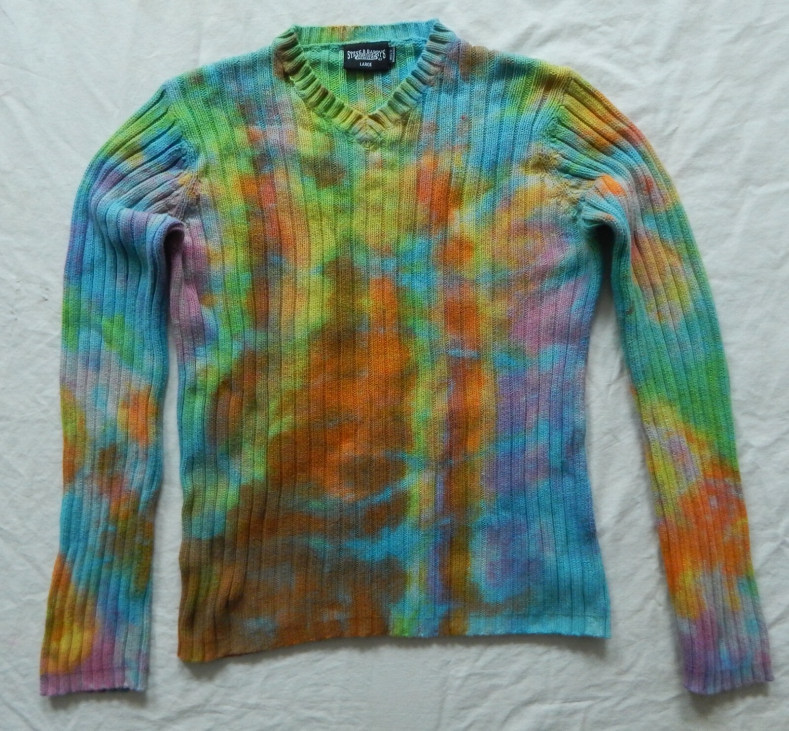 Tie Dye Green Rainbow V-Neck Ribbed Knit Sweater - Large Mens Hand Made  Cotton | eBay