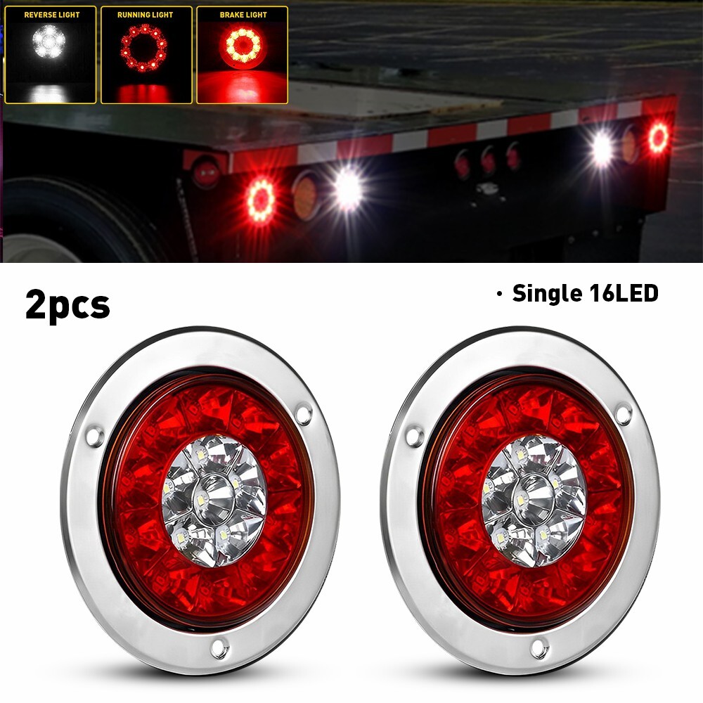 4 Inch Round 16 LED Reverse Backup Tail Lights for Trailer Truck Chrome Grommet 12V
