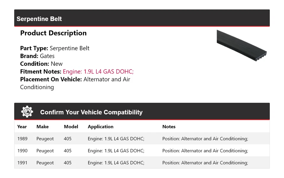 For 1989-1991 Peugeot 405 Serpentine Belt For Alternator and AC Gates - Image 2 of 4