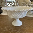 Vtg Milk Glass Hobnail Candy Dish on Pedestal with Ruffled Edge