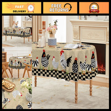 Rustic Rooster Tablecloth 60x84" Oval - Washable Flax Fabric for Country Decor,