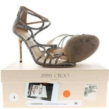 Jimmy Choo Snake Print Leather Strappy Stiletto Heels Sandals Gold Heel Size 39