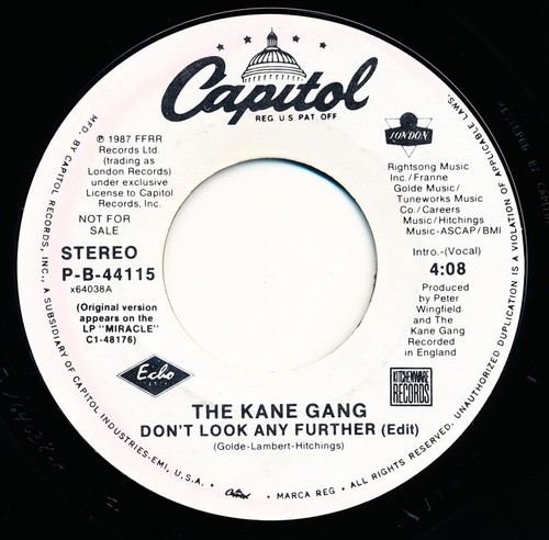 THE KANE GANG - DON'T LOOK ANY FURTHER - CAPITOL P-B-44115 - 45 Record VG+ - Picture 2 of 2
