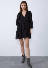 ZARA Black Metallic Sparkly Tinsel Fringe Long Sleeve Babydoll Mini Dress Size S