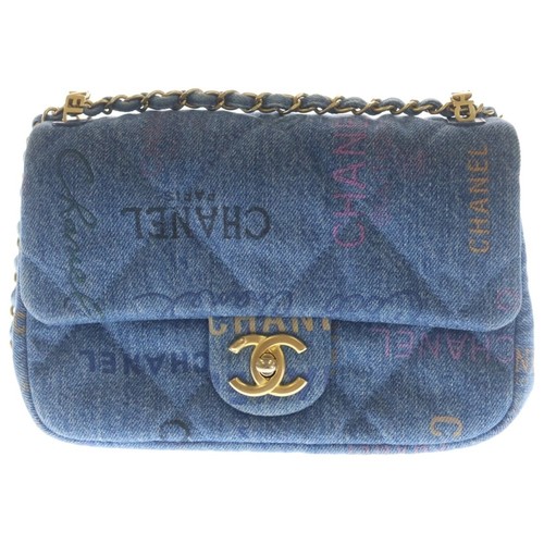 CHANEL Matelasse W21 S Flap Chain Bag Shoulder Indigo Blue Denim Gold Used 7d757