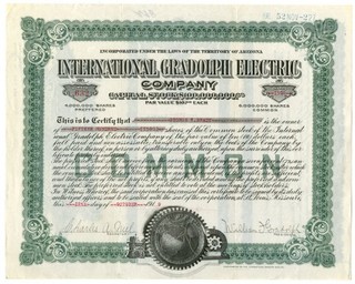AZ. International Grandolph Electric Co. 1910. 1500 Shrs I/U Stock Cert. VF