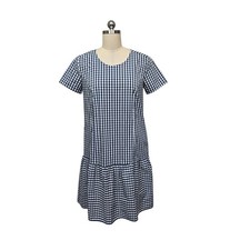 Universal Standard for J.Crew Navy Gingham Drop Waist Ruffle Shift Dress Size XS