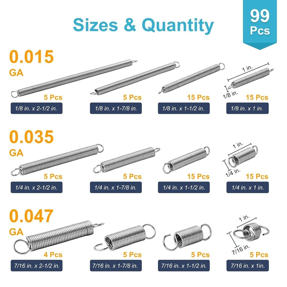 99PCS Extension Spring Assortment Kit, 12 Sizes Small Tension Springs ...