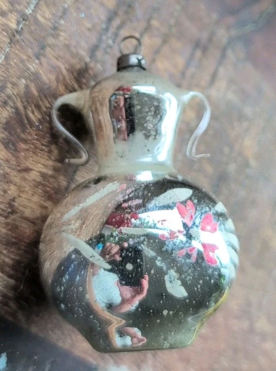 VINTAGE MERCURY GLASS PAINTED URN PITCHER CHRISTMAS ORNAMENT