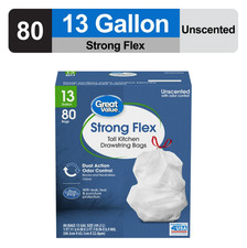 Strong Flex 13 Gallon Drawstring Tall Kitchen Trash Bags, Unscented, 80 Count