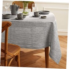 Linen Striped Tablecloth 60 x 90 Inch - 90" x 60" Rectangular Black  White