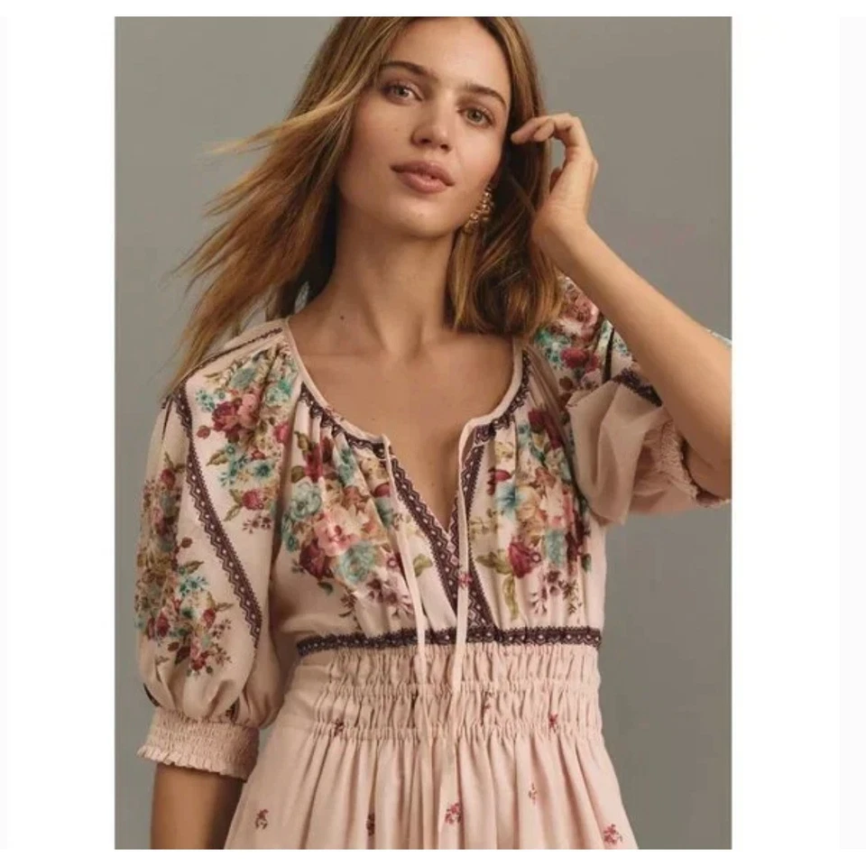 Anthropologie Somerset Maxi Dress Med Boho Cottagecore Prairie Romance Peasant - Image 2 of 4