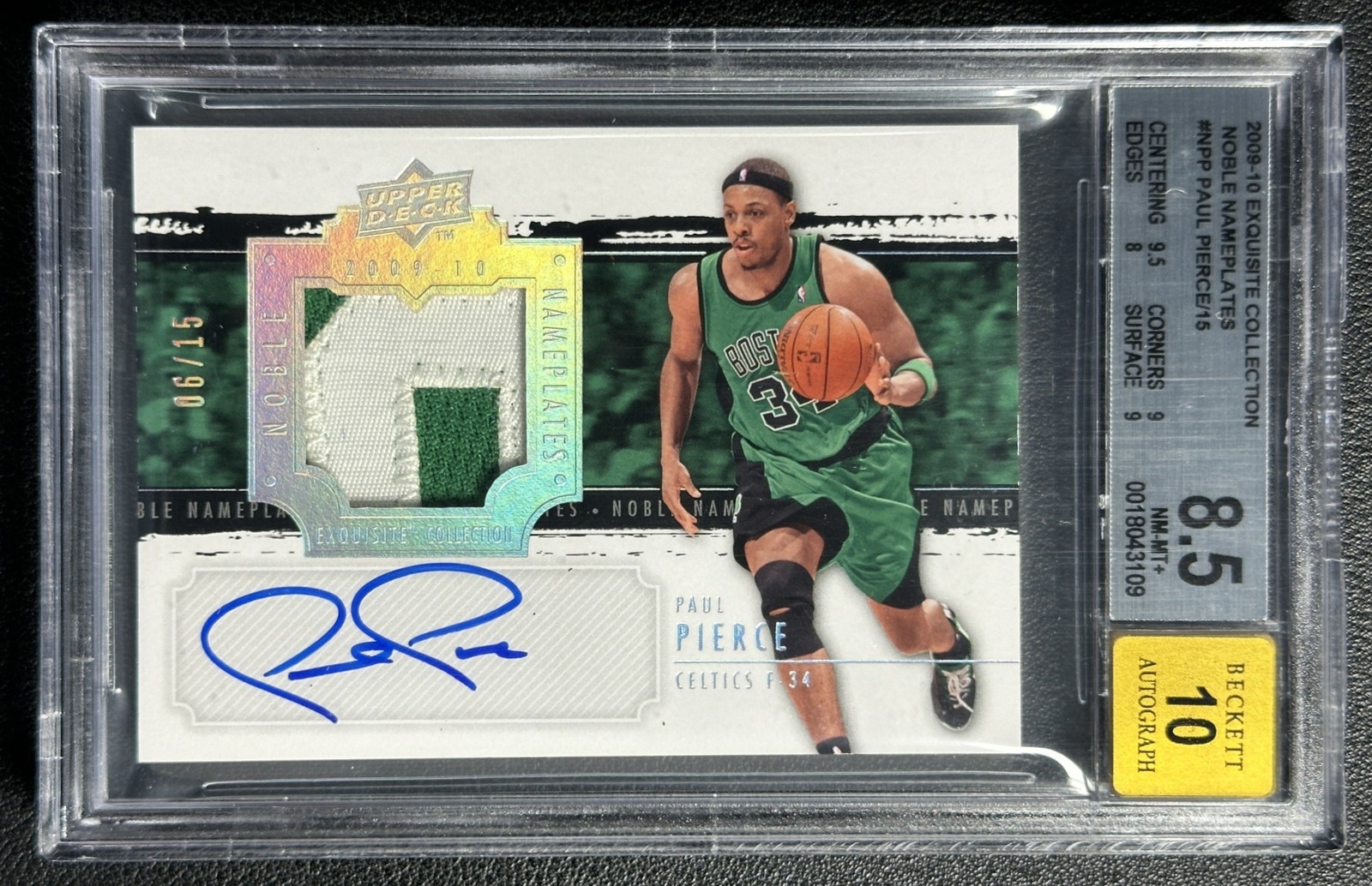PAUL PIERCE BGS 8.5 2009-10 UPPER DECK EXQUISITE NOBLE NAMEPLATES PATCH AUTO /15 view 1